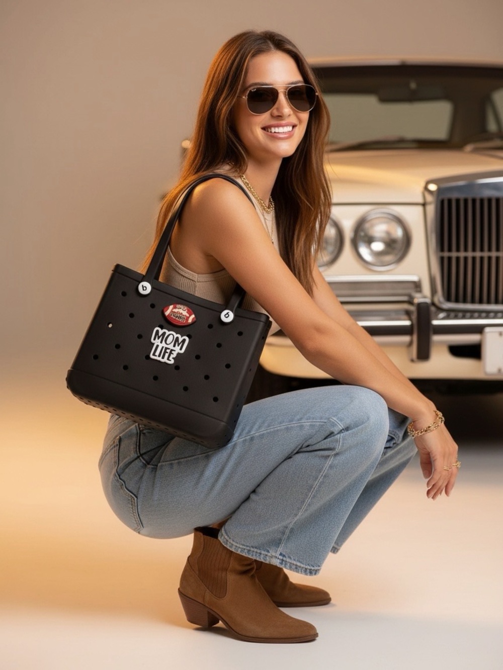 New Mom Life Black EVA Beach Bag Tote Rubber measure 14.5” x 5”x 12” with charms